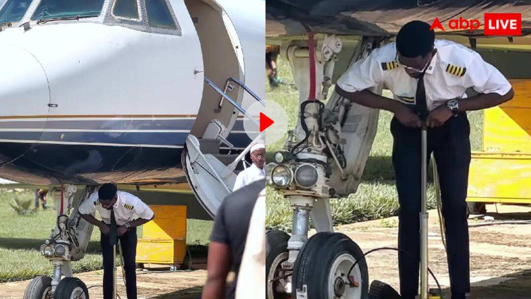 Pilot was seen filling air in the wheels of the plane with hand pump video goes viral कयामत नजदीक है! पायलट ने हैंड पंप से भर दी जहाज के टायर में हवा, वीडियो देख लोग बोले- जुगाड़ के भी भगवान हो तुम