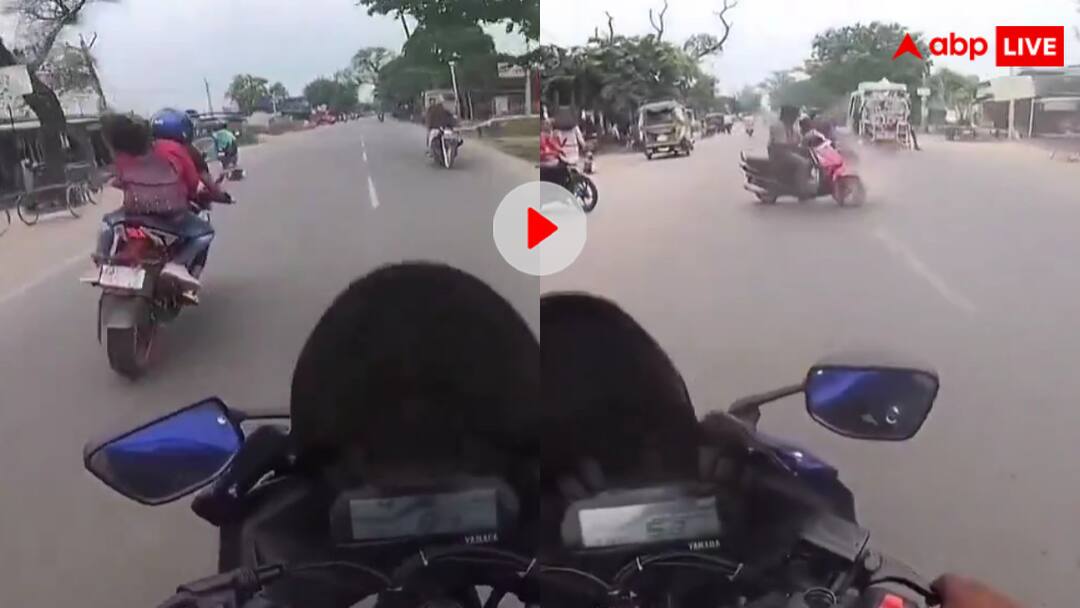 couple riding on high speed bike fell on the road after being hit by a scooter video goes viral जानू सांप बना दो सांप! गर्लफ्रेंड को बाइक पर बिठाकर टशन दिखा रहा था शख्स, गिरते ही छिल गया पूरा बदन