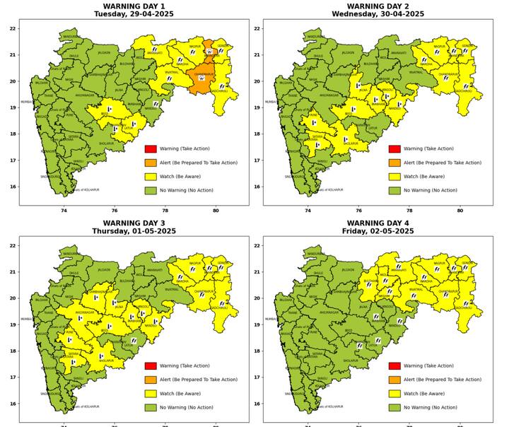 आज विदर्भातील अमरावती, वर्धा, वाशिम, यवतमाळ, चंद्रपूर,भंडारा, गोंदिया, गडचिरोली या जिल्ह्यांना अवकाळी पावसाचे अलर्ट देण्यात आले आहेत. तर मराठवाड्यातील बीड, लातूर, धाराशिवमध्ये उष्णतेचा अलर्ट आहे.