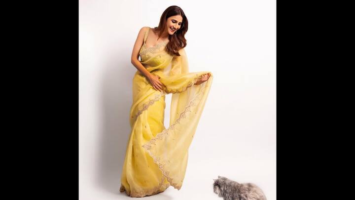6. Yellow Vibrant Saree: The vibrant yellow organza saree made Vaani Kapoor glow. The saree had golden embroidery detailing on the borders which gave a unique touch. She complemented her saree with a matching blouse that had golden embroidery and sequin detailing. Her ethnic ensemble had a graceful and charming touch. (Image Source: Instagram/@vaanikapoor)