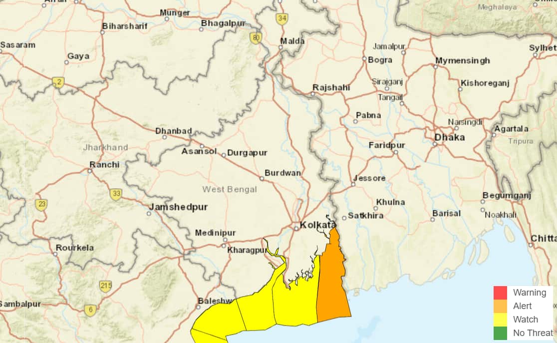 A coastal map for Bengal shows the Yellow and Orange alert areas. (Source: Indian National Centre for Ocean Information Services)