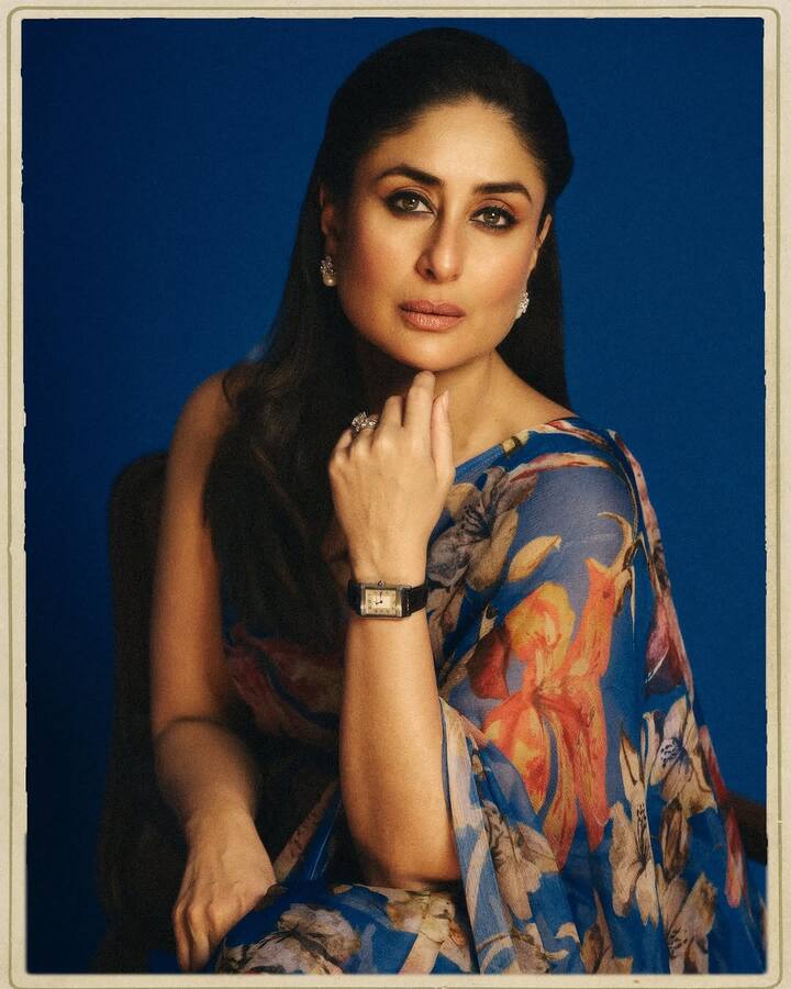 Kareena paired it with a sleeveless deep V-neck blouse, adding a modern touch.