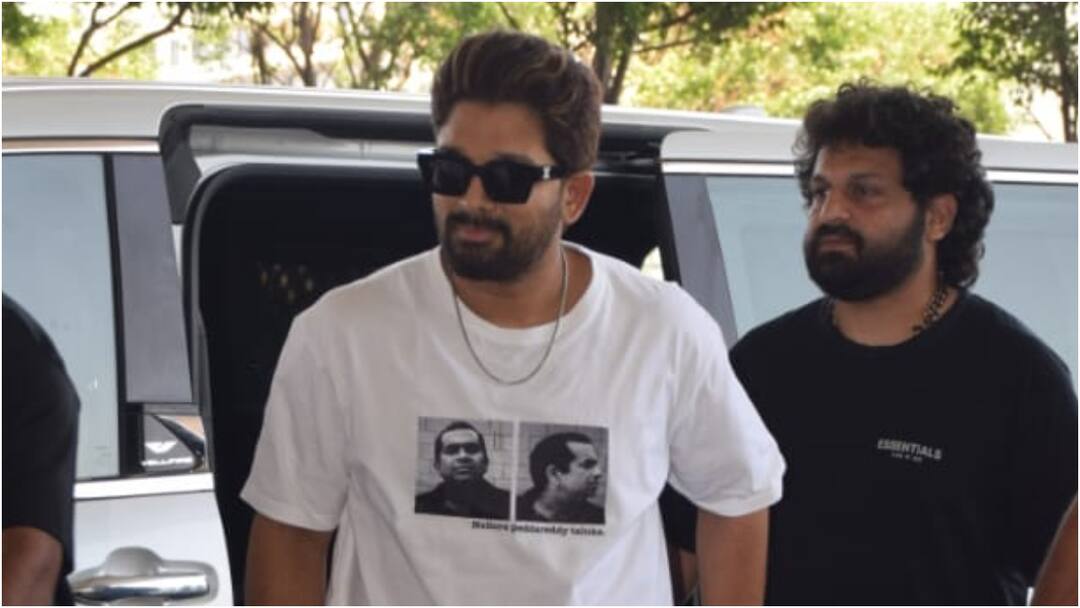 Allu Arjun wears T Shirt with Nellore Pedda Reddy Taluka caption grabs netizens attention Allu Arjun: నెల్లూరు పెద్దారెడ్డి తాలూకా... అల్లు అర్జున్ టీ షర్ట్ మీద క్యాప్షన్ చూశారా? బ్రహ్మి ఫోటోలతో నెట్టింట రచ్చ రచ్చ