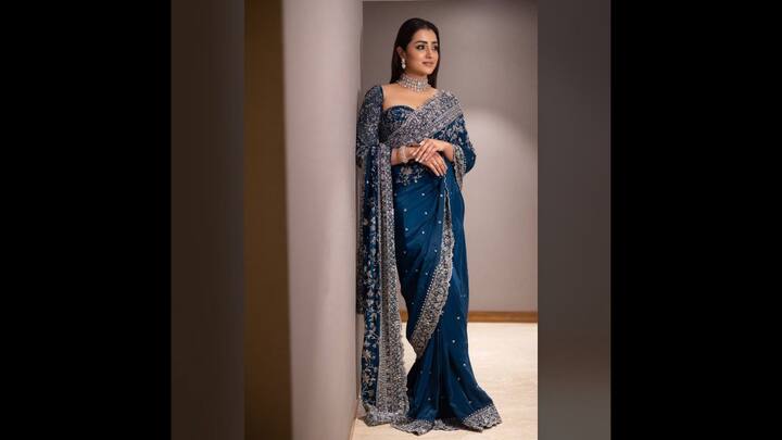 3. Graceful Royal Blue Saree: Trishna Krishnan opted for a royal blue embellished saree that exuded timeless elegance. Her outfit had a beautifully embroidery boder detailing that radiated a traditional charm. She paired her saree with a matching, full sleeved blouse that made the attire perfect for grand festivities. (Image Source: Instagram/@trishakrishnan)