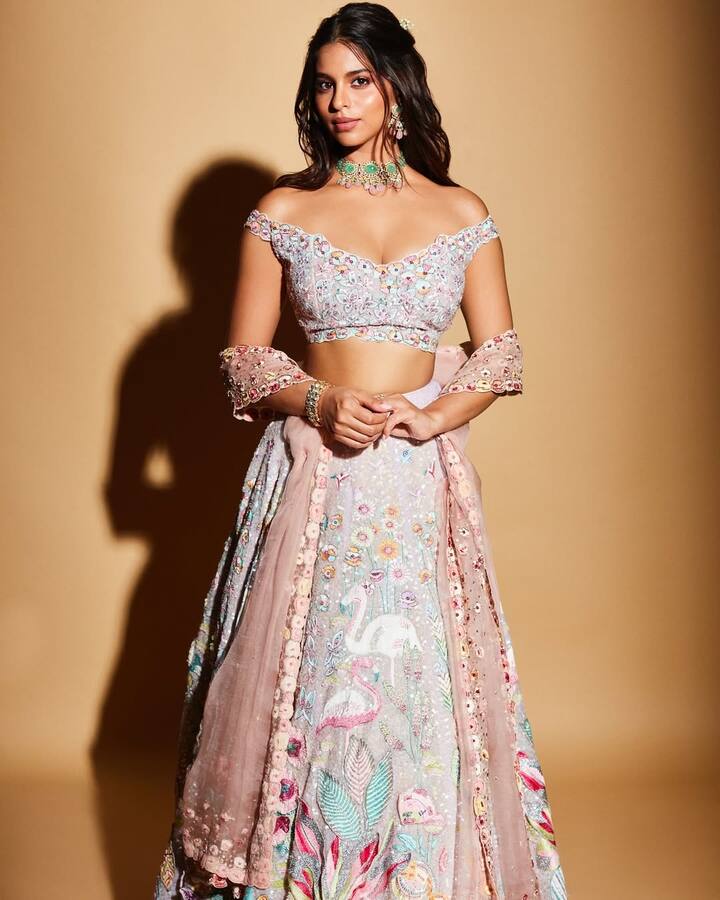 सुहाना खान का ये लुक भी डेस्टिनेसन वेडिंग के लिए परफेक्ट होगा. आप भी इस लहंगे के साथ एक्ट्रेस की तरह चोकर नेकलेस के पेयर कर सकती हैं.