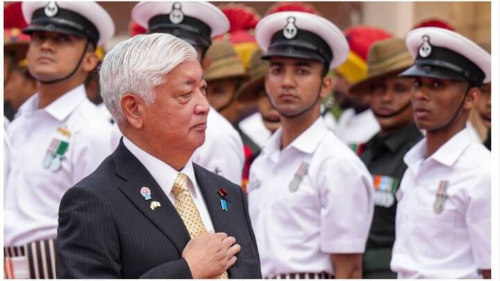 Japan’s Defence Minister paid his respect during the Guard of Honour ceremony. (Image Source: PTI)