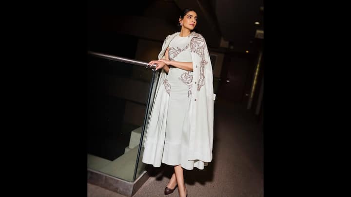 5. Embellished Dress: Sonam Kapoor stunned in a dress that was intricately embellished. She paired her outfit with an elegant cape overlay. The structured silhouette and subtle shimmer added timeless grace to her look and gave it a regal charm. (Image Source: Instagram/@sonamkapoor)