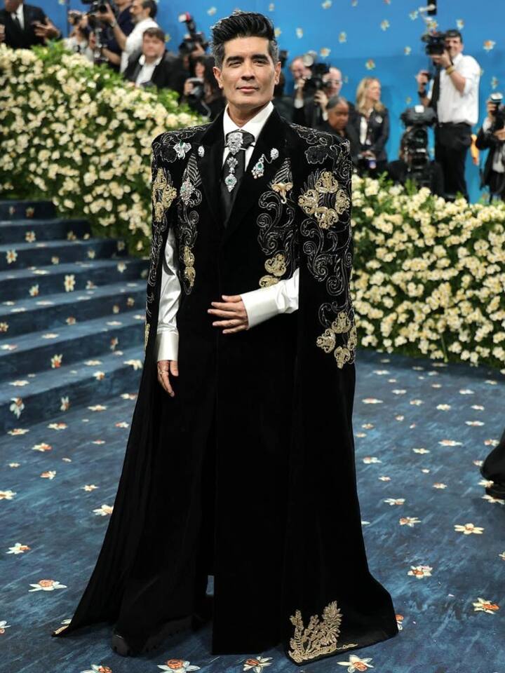 Manish Malhotra made his Met debut in his own sculpted sherwani cape, showcasing beaded embroidery and high jewellery brooches. (Instagram/manishmalhotra05)