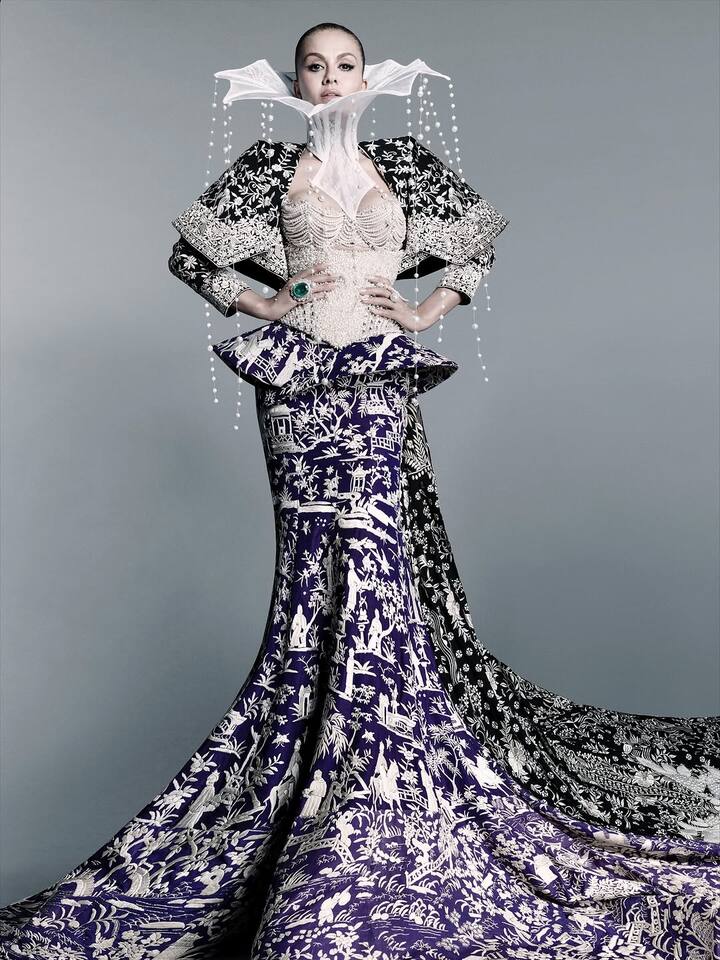 Natasha Poonawalla wore a Manish Malhotra ensemble that fused Parsi Gara embroidery with sculptural Western tailoring. (Instagram/manishmalhotra05)