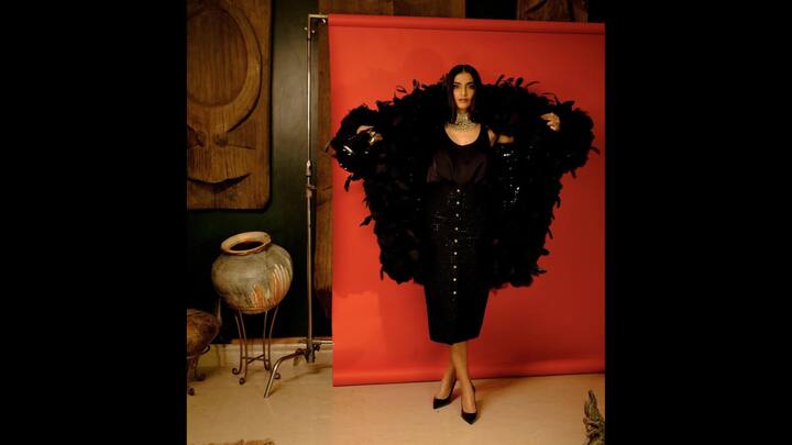 8. Modern Chic Look: Sonam Kapoor looked flawless in a jet black look. Her outfit featured a high waisted pencil skirt with gold buttons, silky blouse, and a dramatic feathered drape. She completed her dramatic look with pointed pumps and a bold choker necklace that added glamour. (Image Source: Instagram/@rheakapoor)