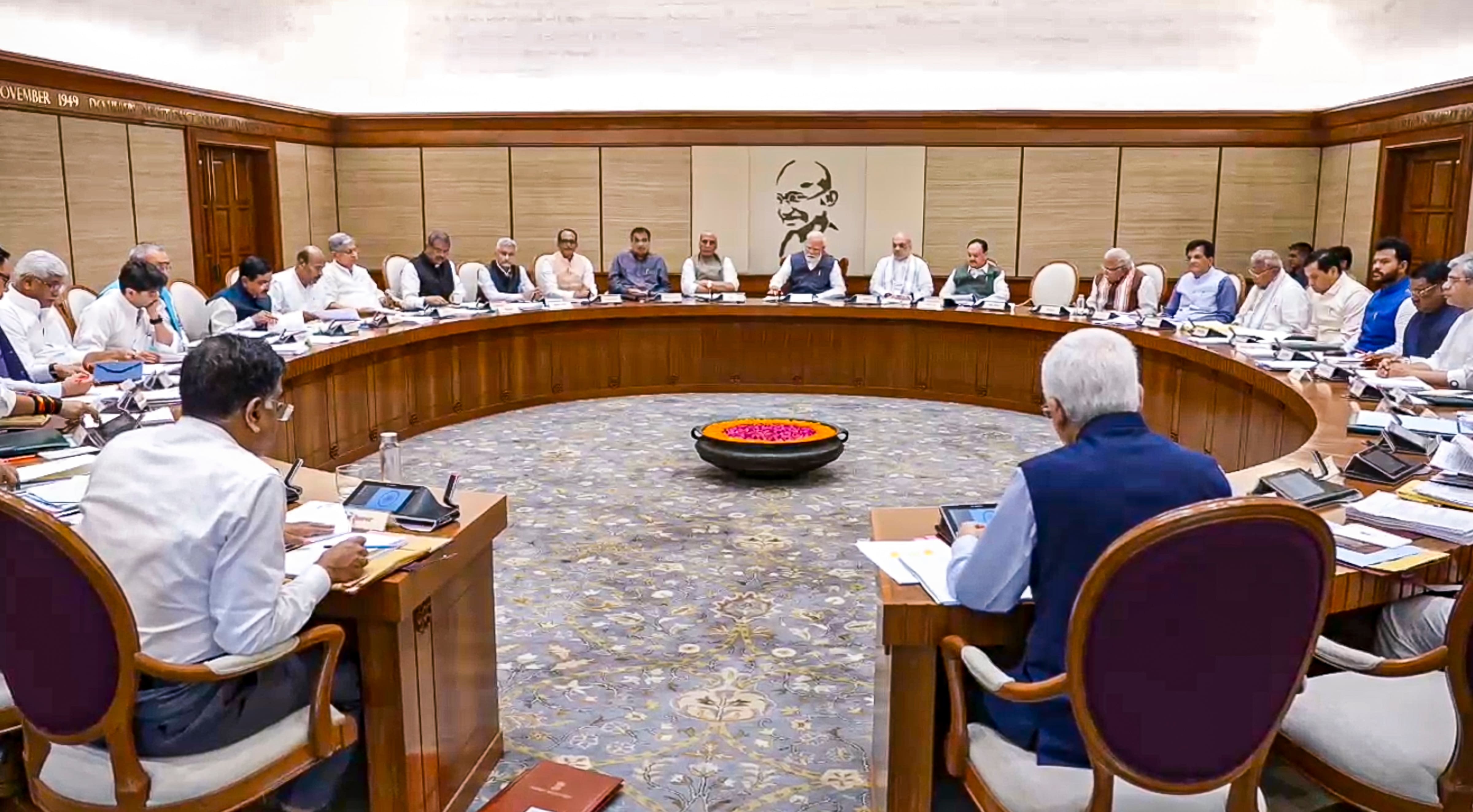 PM Modi with Defence Minister Rajnath Singh, Union Home Minister Amit Shah and Union Ministers Nitin Gadkari and JP Nadda during a Cabinet meeting following 'Operation Sindoor', in New Delhi. 