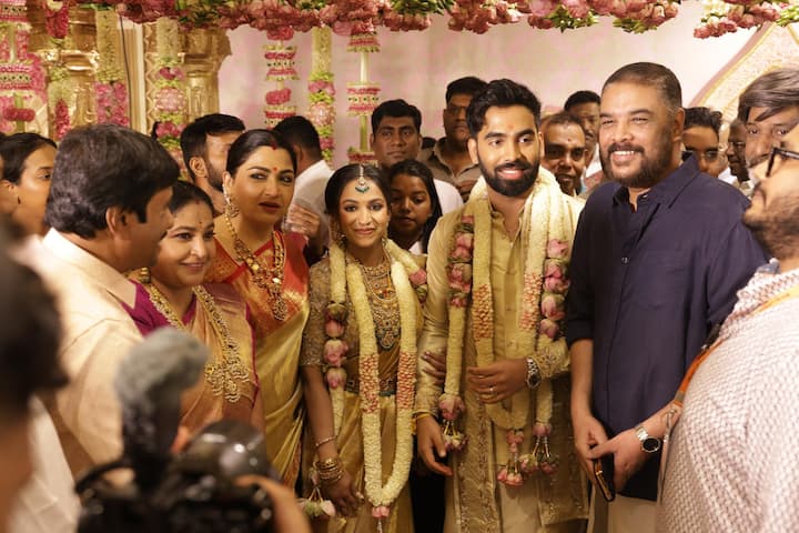 The guest list also included Ravi Mohan and Kenishaa Francis—who twinned in gold—along with filmmaker Adhik Ravichandran, actors Vikram Prabhu, Aditi Shankar, Vetrimaaran, and veteran actor Prabhu. Many of the guests attended the function with their families, adding to the familial warmth of the occasion.