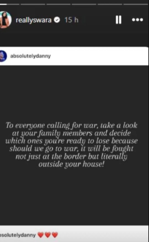 247184a3a412876885f9ef6be52ce47f1746769380968209_original  Swara Bhaskar shared quote every war is propaganda after operation sindoor India Pakistan Tension