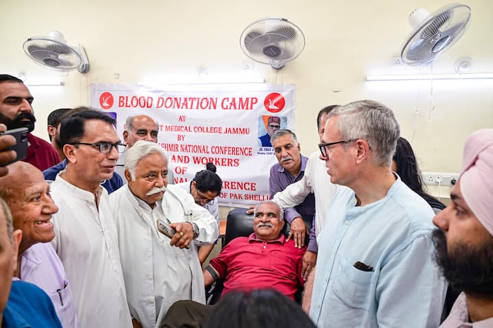Jammu and Kashmir Chief Minister Omar Abdullah with others as a National Conference (JKNC) leader donates blood at Government Medical College and Hospital, where injured people are being treated amid the ongoing military conflict between India and Pakistan, in Jammu, Friday, May 9, 2025. (Image Source: PTI)