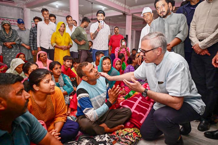 Jammu and Kashmir Chief Minister Omar Abdullah interacts with displaced border residents at a shelter camp, amid the ongoing military conflict between India and Pakistan. (Image Source: PTI)