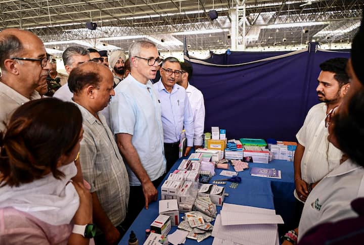 Jammu and Kashmir Chief Minister Omar Abdullah meets displaced border residents at a shelter camp, amid the ongoing military conflict between India and Pakistan, in Samba. (Image Source: PTI)