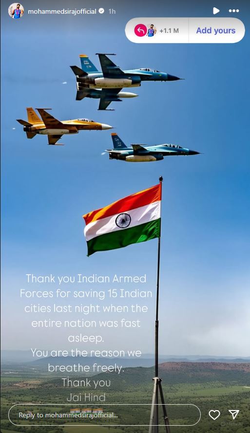 ed3df18affab1c6397800471671933c21746788658417707_original Mohammad Siraj share Instagram story for Indian armed forces for Operation Sindoor