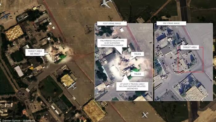 ઇસ્લામાબાદ નજીક નૂર ખાન એરબેઝ પર લશ્કરી કાર્યવાહીમાં ગોદામને નુકસાન થયું છે. તસવીરોમાં સળગતા ગ્રાઉન્ડ સપોર્ટ વાહનો જોઈ શકાય છે.