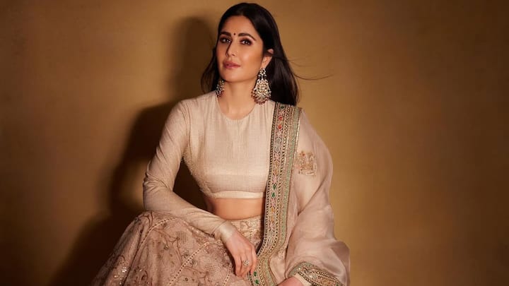 Katrina stuns in this beige lehenga with intricate sequin work, floral appliqué, and a multi-coloured patti border. The full-sleeved blouse and layered skirt offer a perfectly regal yet toned-down option for evening wedding celebrations. (Image Source: Instagram/ katrinakaif)