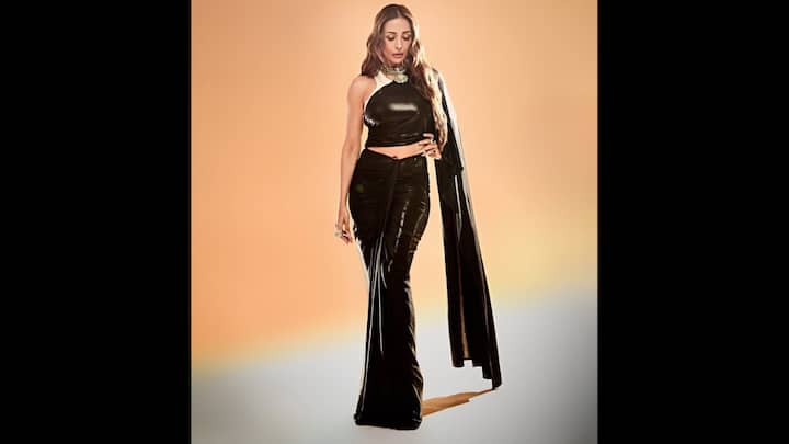 2. Malaika Arora: Malaika Arora turned heads in a bold and modern take on the traditional Indian attire. She wore a latex pre-draped saree that blended elegance with edgy fashion. Instead of any classic blouse, the actress chose a white high neck tank top. Her waist was highlighted with the ruched detailing. To elevate her look, the actress wore a statement necklace that featured emerald strands an a central floral motifs. (Image Source: Instagram/@malaikaaroraofficial)