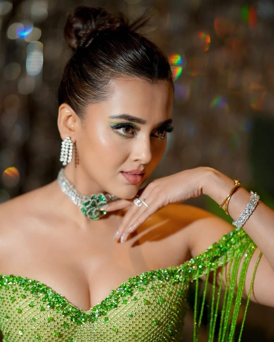 Tejasswi Prakash Slays in Emerald Green Gown With Fringe and Glam Makeup