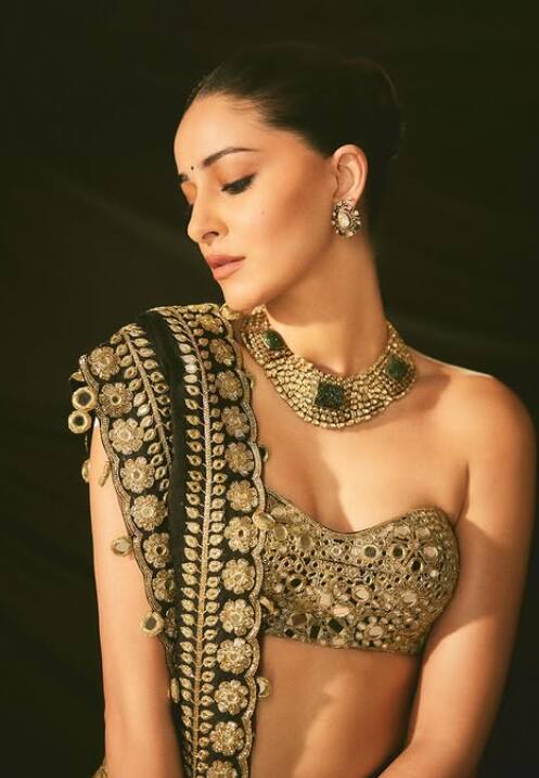 अन्या पांडे ने हैवी बॉर्डर वाली साड़ी के साथ हैवी ऑफ शोल्डर ब्लाउज पेयर किया है. आप भी इस लुक को रिक्रिट कर हर फंक्शन में छा सकती हैं.