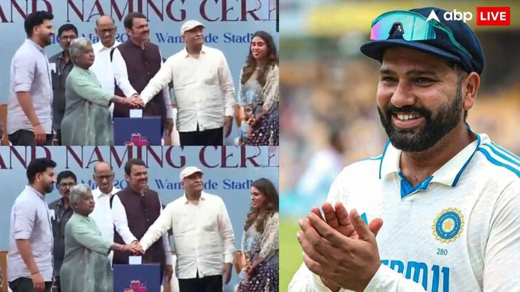 Rohit Sharma Stand Inaugurate in Wankhede stadium wife Ritika and parents Maharashtra CM Devendra Fadnavis Sharad Pawar वानखेड़े स्टेडियम में गूंजा 'हिटमैन' का नाम, सीएम फडनवीस और शरद पवार की मौजूदगी में रोहित शर्मा स्टैंड का उद्घाटन