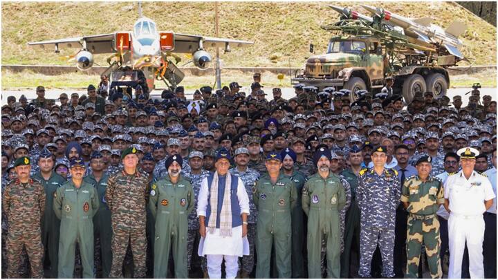 Defence Minister Rajnath Singh on May 16 visited the Bhuj Air Force Station. He praised the Armed Forces for the success of Operation Sindoor and hailed the BrahMos missile for its decisive role. (Image Source: PTI)