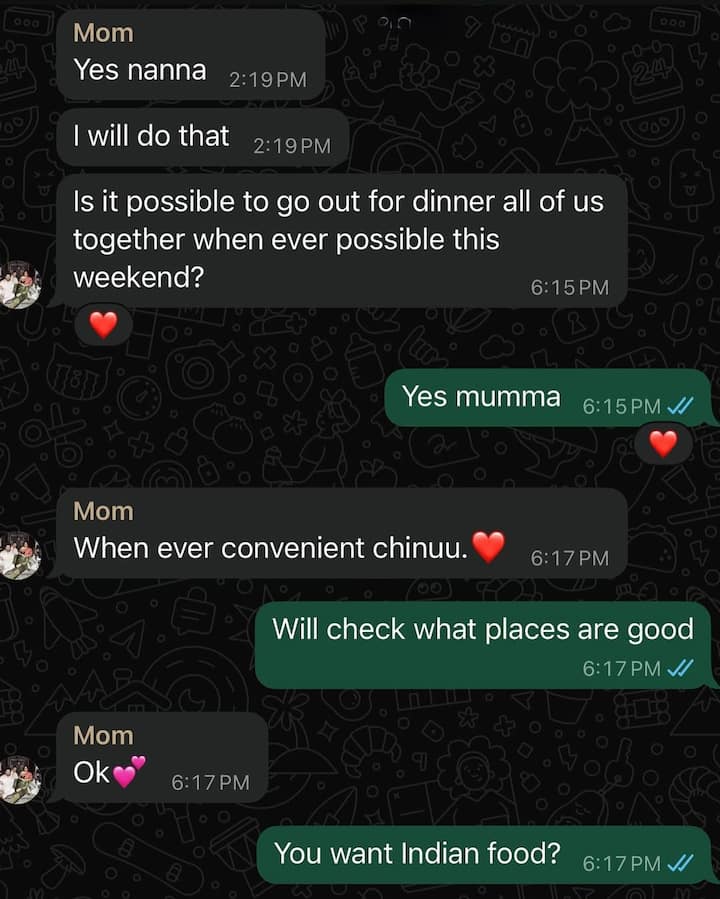 इस चैट को शेयर करते हुए विजय ने लिखा कि, 'मां ने अचानक पूछा कि क्या हम बाहर खाना खाने चल सकते हैं? इस चीज को बहुत समय हो गया था. फिर मैंने मां की बात मान ली.
