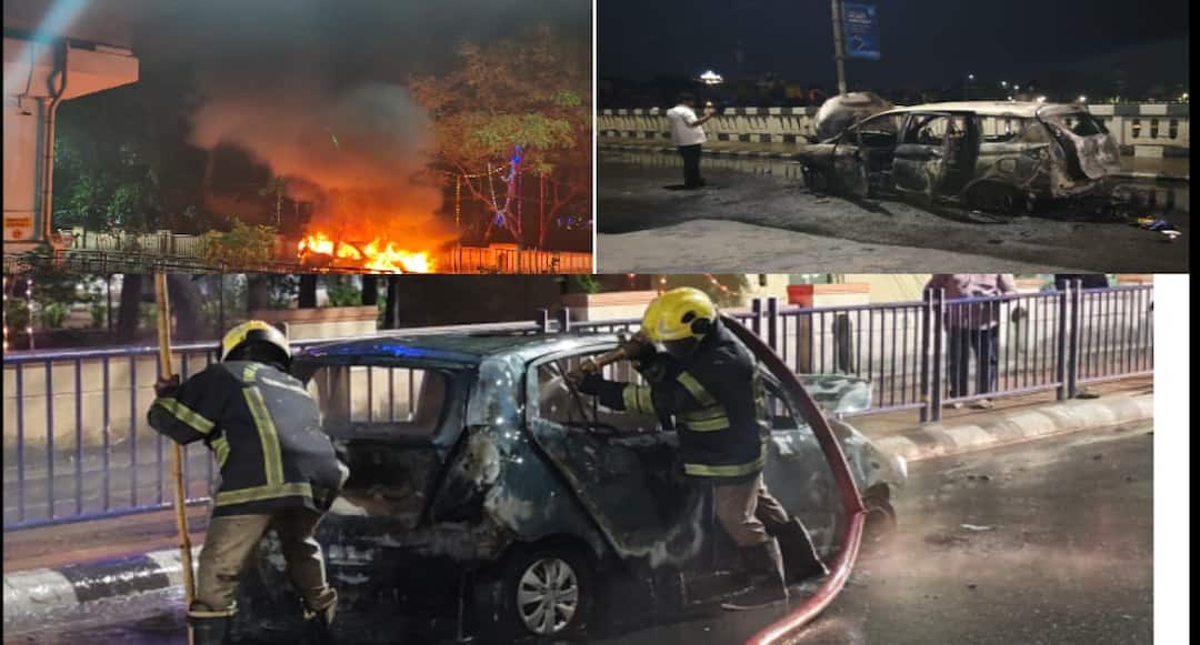 மதுரையில் மழைபெய்யும் போது  பற்றி எரியும் கார்கள்; உயிர் தப்பிய பயணிகள்