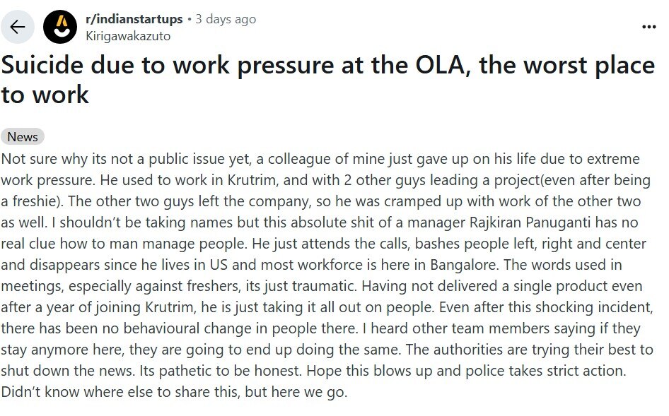 Toxic Culture' Allegations Rock Ola’s AI Unit After Techie’s Death Sparks Outrage Online. Here's How Company Responded