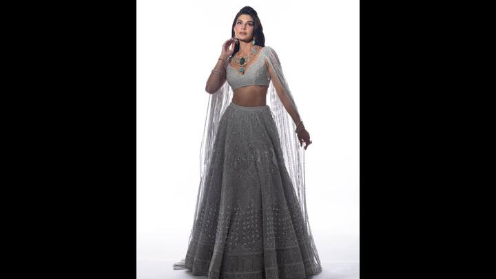 7. Stunning Silver Lehenga: Jacqueline Fernandez dazzled in a breathtaking silver lehenga that radiated opulence. Her embellished blouse was paired with a A-line skirt that had sequin and beadwork along with floral motifs. The sheer, cape-style dupatta draped gave her a regal yet contemporary look. To enhance her look, she wore an ornate emerald and diamond necklace, matching earrings, and minimal bangles. (Image Source: Instagram/@jacquelienefernandez)