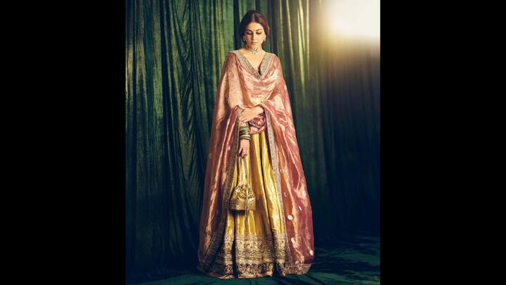 8. Regal And Radiant Lehenga: Genelia D'Souza served an opulent look in her traditional lehenga. The outfit featured rich hues and luxurious fabrics. The golden lehenga consisted of embroidery and a heavily embellished border. The actress paired it with a delicate dupatta that was adorned with golden polka dots and a detailed border. The subtle sheen of the fabrics added a royal touch to the look. To complement her look, she added a golden potli bag that created a great balance between classic tradition and modern styles. (Image Source: Instagram/@geneliad)