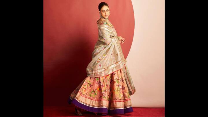 5. Multicoloured Floral Lehenga: Genelia D'Souza exuded vibrancy with her traditional multicoloured floral lehenga. The actress radiated festive charm and regal grace in her ethnic attire. The floral motifs on a blush-toned lehenga with bold purple border gave a unique look to the actress. She paired a delicate net dupatta with her fit to add a layer of texture. To accessorise her look, she wore a stunning polki chocker, earrings, and matching bangles which enhanced the ensemble with royal finesse. (Image Source: Instagram/@geneliad)