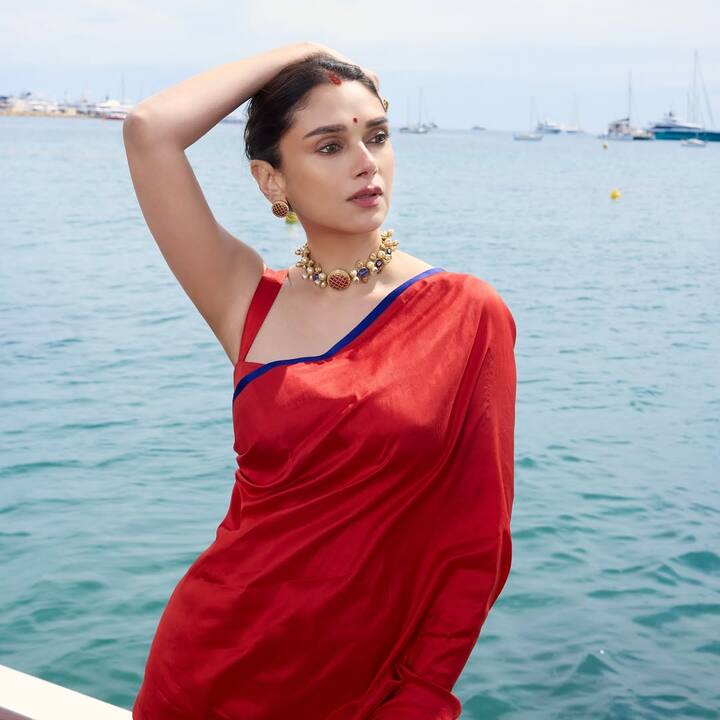 इसके साथ अदित ने गोल्डन चोकर नेकलेस पेयर किया था और कानों में गोल्डन स्टड्स पहने थे. ये जूलरी उनकी साड़ी के साथ खूब जच रही थी.