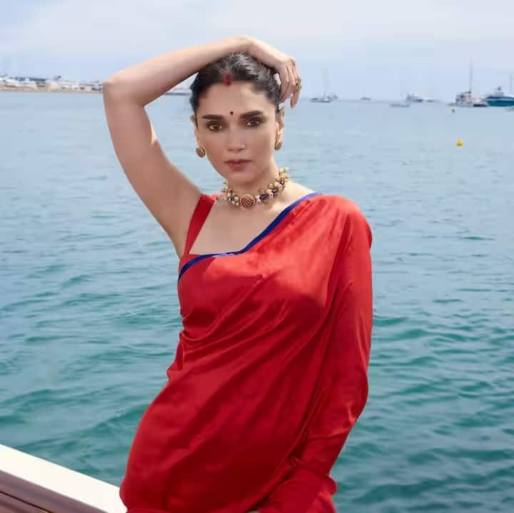अभिनेत्री ने नीली धारियों वाली लाल साड़ी और उससे मेल खाता स्लीवलेस ब्लाउज पहना था। इस साड़ी को डिजाइनर अनामिका खन्ना ने डिजाइन किया है।