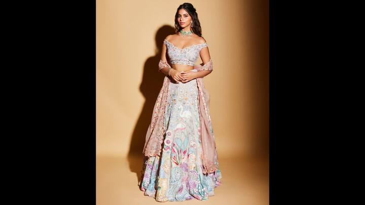 3. Pastel Princess Look: Suhana Khan wore a pastel pastel lehenga that had a stunning embroidery detailing and an off-shoulder blouse. The ethnic wear had a youthful and fashion forward touch that added a Gen Z vibe. Her outfit was paired with a pastel pink net dupatta and statement jewellery that enhanced the look, adding an effortless charm. (Image Source: Instagram/@suhanakhan2)