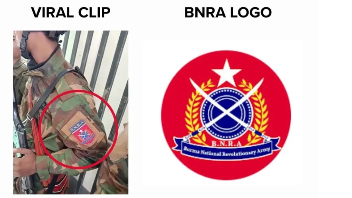 Comparison between the badge visible on the security personnel's uniform and the BNRA logo. (Source: X/YouTube/Screenshot)