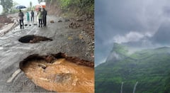 रायगड किल्ल्याच्या परिसरात मुसळधार पाऊस, धबधब्यातून वेगाने खाली येणाऱ्या पाण्यामुळे रस्ता खचला