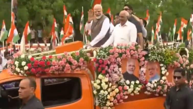 PM Modi Receives Rousing Welcome During Roadshow In Gandhinagar: Watch