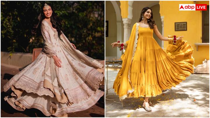 Anarkali suits are never out of fashion. Floor-Lenth Anarkali suits in 2025 have a slim-fit silhouette and satal embroidery trend. In colors, Deep Jewel Tones like Emerald Green, Ruby Red and Safaire Blue are being liked. The combination of chikankari and Zardozi makes this look more attractive.