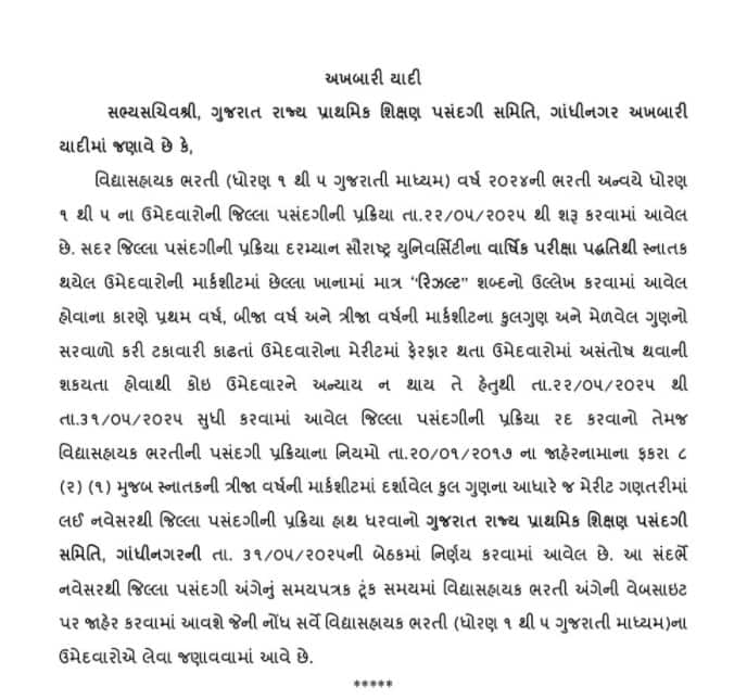 ધોરણ 1થી 5ના વિદ્યાસહાયકોની જિલ્લા પસંદગીની પ્રક્રિયા રદ, જાણો કારણ