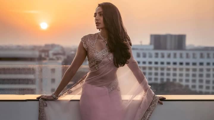 Wearing this pastel pink sheer saree with borders of golden embroidery, Sobhita exuded understated sophistication. A golden short-sleeved blouse, light jewellery, and soft glam makeup completed her poised look. (Image Source: Instagram/ sobhitad)