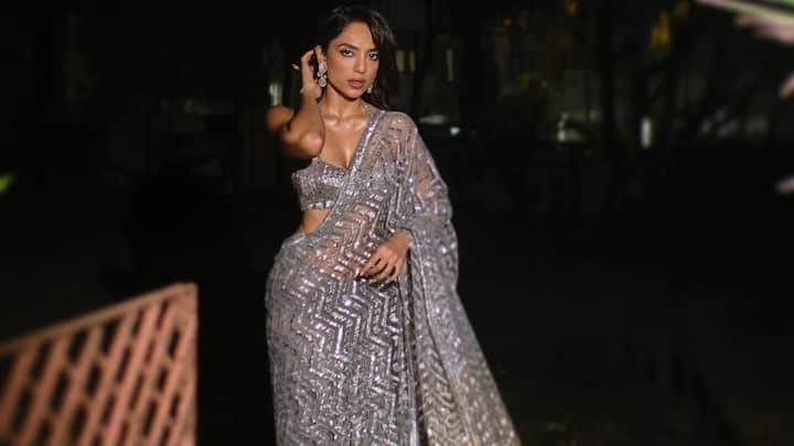 With this silver saree that has Aztec zig-zag sequins, Sobhita was bright and trendy. Her shiny lips and loose curls, coupled with a halter-neck sequined bustier blouse, gave this look a trendy bridal feel. (Image Source: Instagram/ sobhitad)