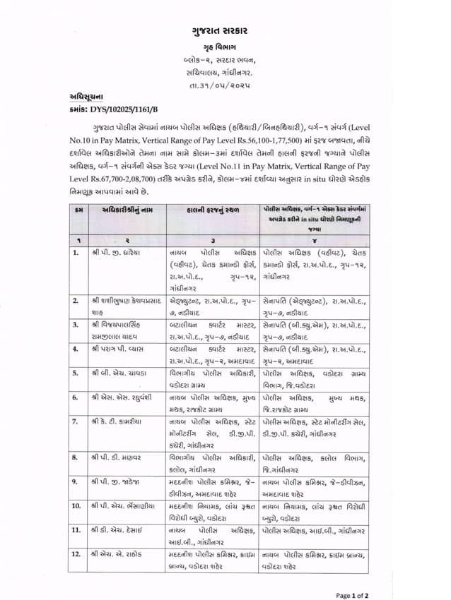 Gujarat Police: રાજ્યના 17 Dy.SP કક્ષાના અધિકારીઓને SP નું પ્રમોશન, જુઓ યાદી