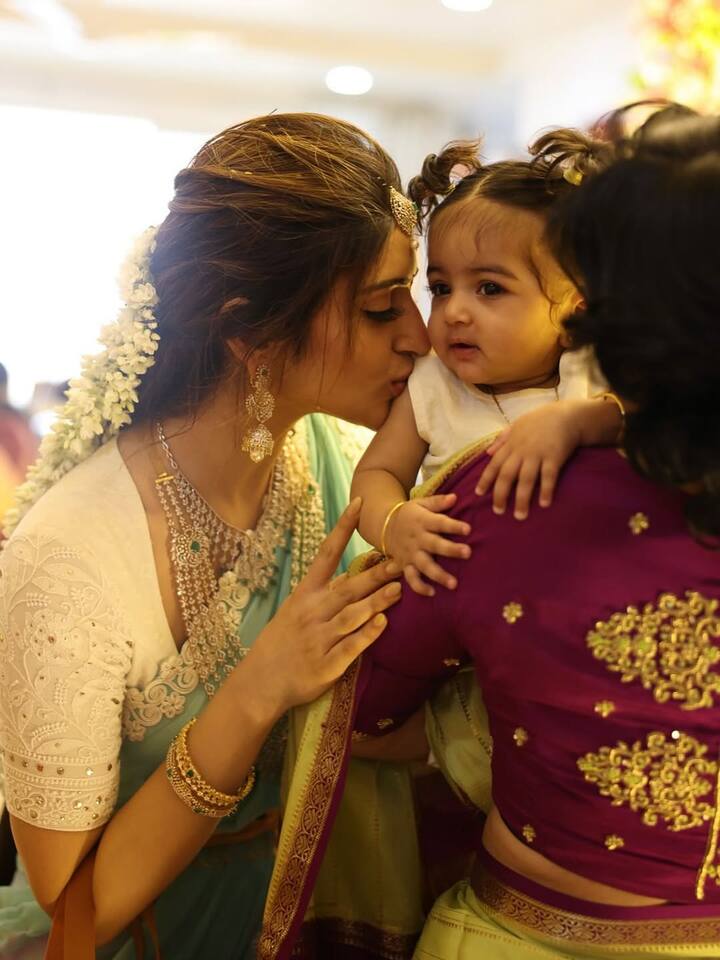 The Telugu star, who turns 24 in two weeks, looked radiant in a traditional green-gold saree and ornate jewellery.