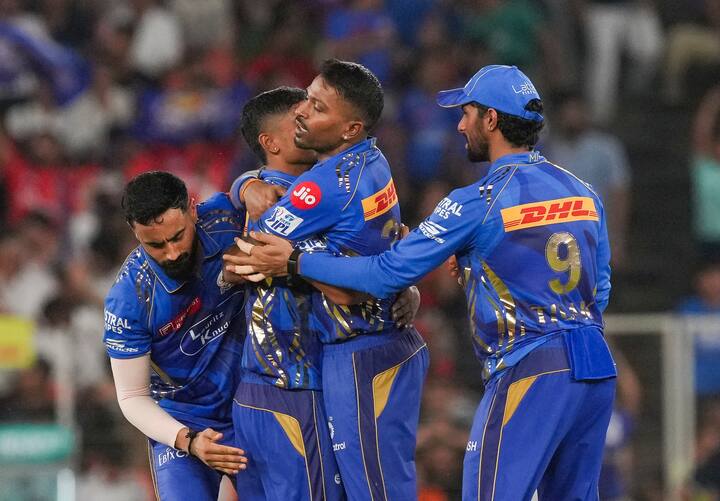 Batting first at the Narendra Modi Stadium, Mumbai Indians put up a formidable 203/6 in 20 overs. Key contributors included: Tilak Verma – 44 runs, Suryakumar Yadav – 44 runs, Jonny Bairstow – 38 off 24 balls, Namandheer – 37 off just 18 balls.