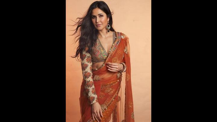 3. Katrina Kaif: Katrina Kaif wore a rich burnt orange sheer saree with golden motifs and sequin detailing along the borders. Perfect for a spiritual celebration like Bakrid, the saree gave a regal yet grounded feel. She paired her saree with a multicoloured, full sleeved blouse which featured a deep V-neckline and floral prints. Her traditional outfit beautifully balanced modesty with tradition. The actress wore statement earrings and a black bindi to enhance the charm. (Image Source: Twitter/@Nitish_B2)