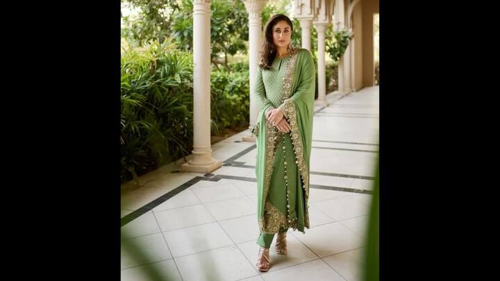 4. Kareena Kapoor: Kareena Kapoor served an understated luxurious look with her green outfit. She wore a straight cut kurta that had intricate threadwork which added a glimmering effect. She complemented her attire with a matching dupatta with heavily embellished border, adorned with zari, sequins, and mirror work. The matching narrow pants added to the sleek and comfortable look. The timeless traditional look with a hint of glamour is ideal for Eid celebrations. (Image Source: Pinterest/@payalita)
