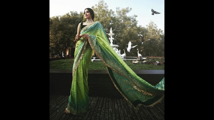 3. Janhvi Kapoor: Janhvi Kapoor was draped in a luxurious green saree which had golden motifs and zari work. The unique gradient effect of the saree made it stand out. The detailed gold border with tassels enhanced the regal charm of the ethnic attire, making it ideal for festive gatherings. The actress paired her saree with a deep green velvet blouse that added a layer of texture. Her statement choker necklace enhanced her traditional fit and made her look radiant. (Image Source: Pinterest/@dollbd)
